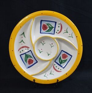 Vintage Handpainted Floral Ceramic Sectioned Chip Dip Fruit Veggie Serving Dish